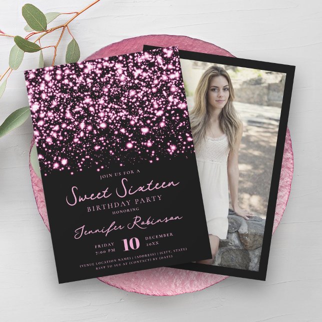 Invitation Chaud rose minuit Glam Photo Sweet 16 (Hot Pink Midnight Glam Photo Sweet 16 Invitation)