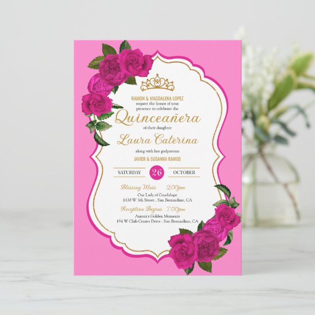 Invitation Chaud rose Rose noir et or élégant Quinceanera (Debout devant)