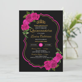 Invitation Chaud rose Rose noir et or élégant Quinceanera