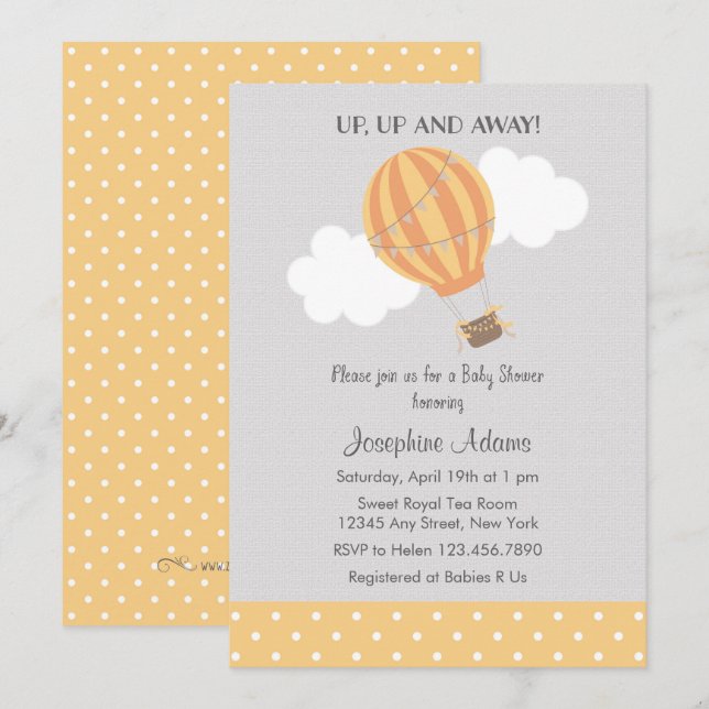 Invitation chaude jaune de baby shower de ballon à (Devant / Derrière)