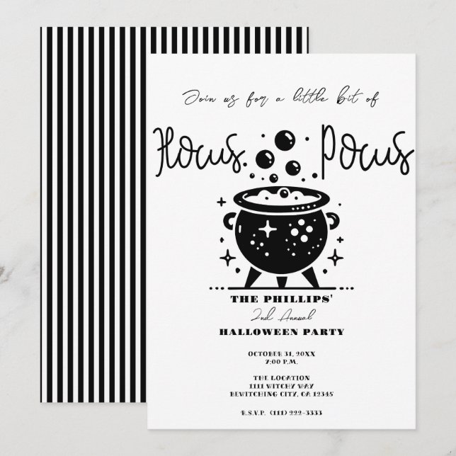 Invitation Chaudière de sorcière noir et blanc Fête d'Hallowe (Devant / Derrière)