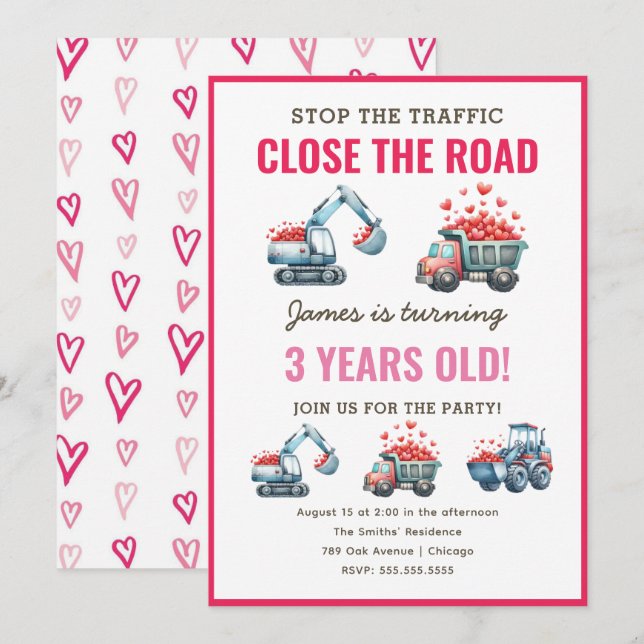 Invitation Chauffage de construction Camion Coeur Anniversair (Devant / Derrière)