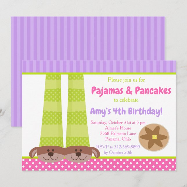 Invitation Chaussons de chien Pyjamas & Pancakes Fête d'anniv (Devant / Derrière)