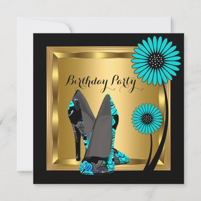 Invitation Chaussure à talon élevé Floral Turquoise Noir fête (Devant)