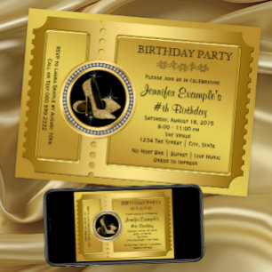 Invitation Chaussure à talon haut dorée Fête d'anniversaire