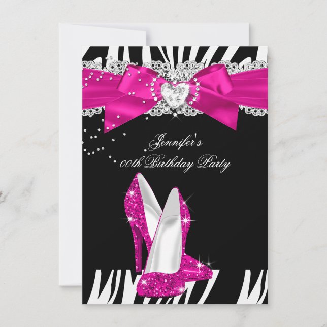 Invitation Chaussure à talon haut rose vif Zebra Noir Anniver (Devant)