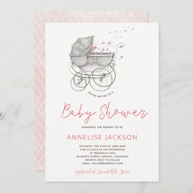 Invitation Chaussure bébé blush aquarelle bébé douche fille (Devant / Derrière)