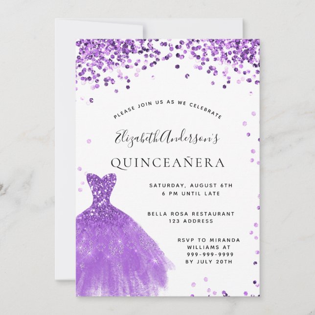 Invitation Chaussure blanche violette de Quinceanera glam par (Devant)