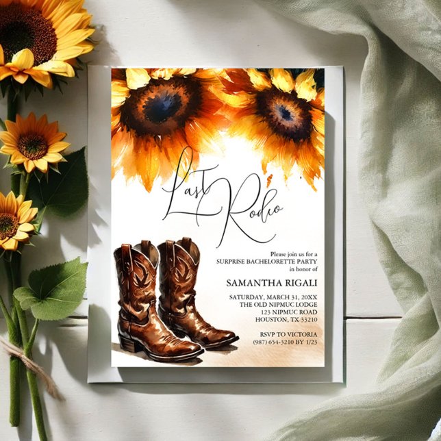 Invitation Chaussure de tournesol jaune Bottes Rodéo Dernier (Bachelorette party invitations last rodeo sunflower and cowboy boots)