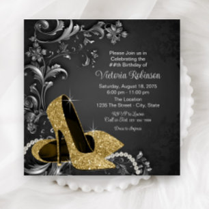 Invitation Chaussure d'or noir femmes fête d'anniversaire