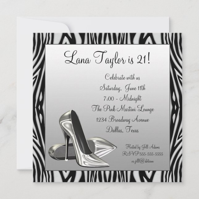Invitation Chaussures à talons hauts Zèbre Femme Anniversaire (Devant)
