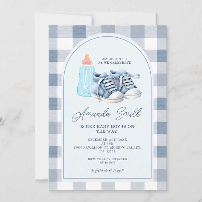 Invitation Chaussures Bébé Bleu En vichy Bouteilles de Lait G (Devant)