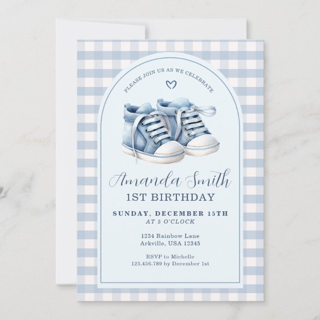 Invitation Chaussures Bébé Bleu Garçon Plaid Arc Premier anni (Devant)