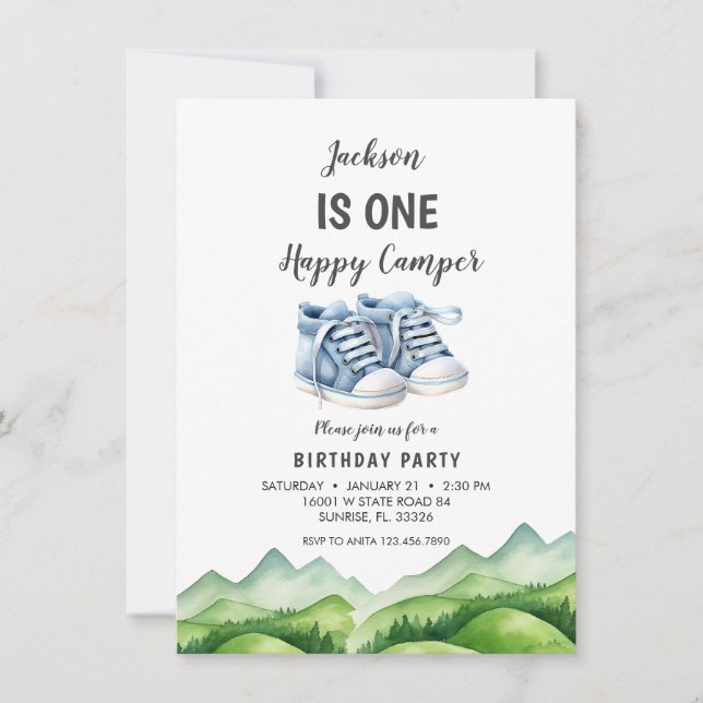 Invitation Chaussures Bébé Bleu Petit Camper Anniversaire (Devant)