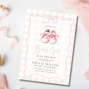 Invitation Chaussures bébé fille à arc gingham rose pour Baby
