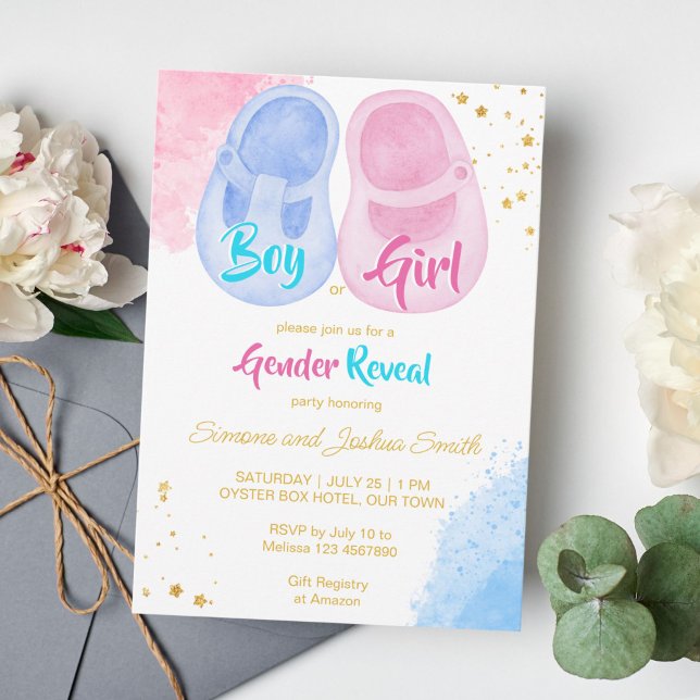 Invitation Chaussures bébé garçon ou fille rose bleu sexe rév (Baby shoes pink and blue gender reveal template invitation instant download boy or girl he or she)