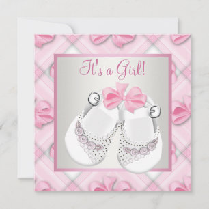 Invitation Chaussures bébé rose blanches Baby Shower Fille Ro