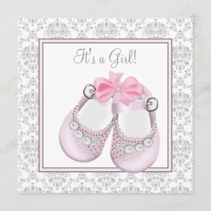 Invitation Chaussures bébé rose gris Fête bébé fille rose gri