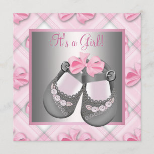 Invitation Chaussures bébé rose gris Fête bébé fille rose gri