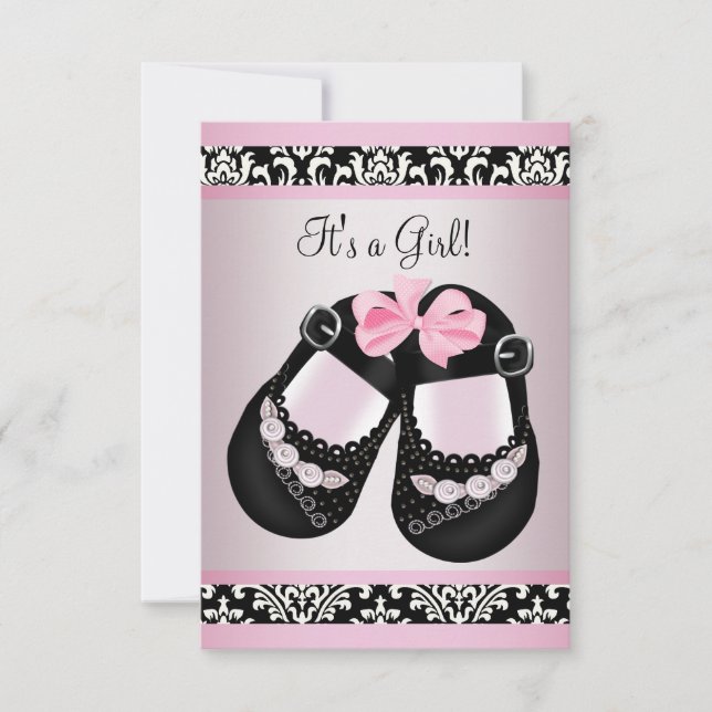 Invitation Chaussures Damas Rose Noir Bébé Fille Douche RSVP (Devant)