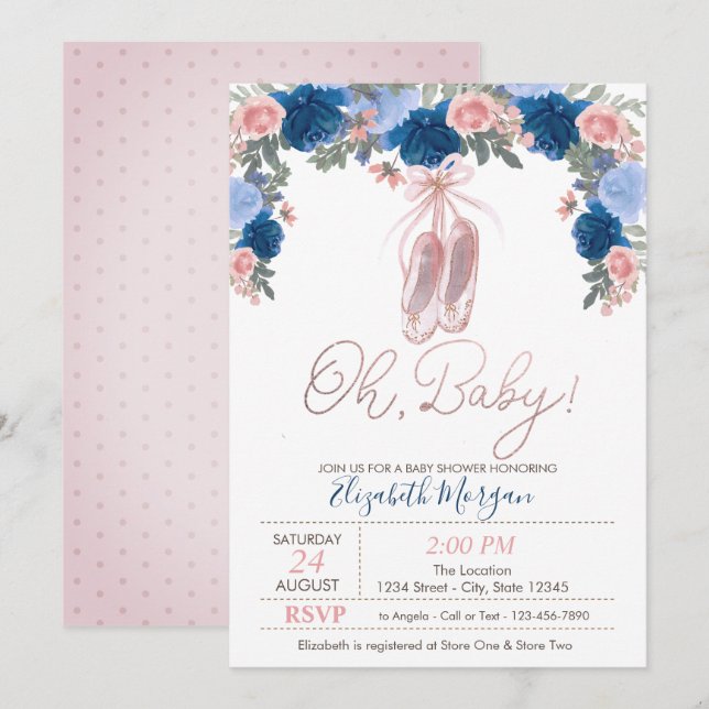 Invitation Chaussures de ballet points Baby shower floral (Devant / Derrière)