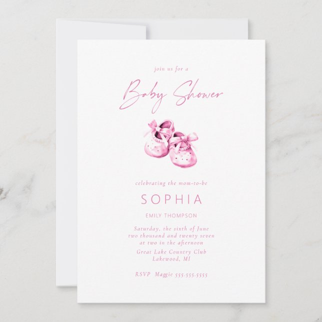 Invitation Chaussures de bébé rose Baby shower délicat (Devant)
