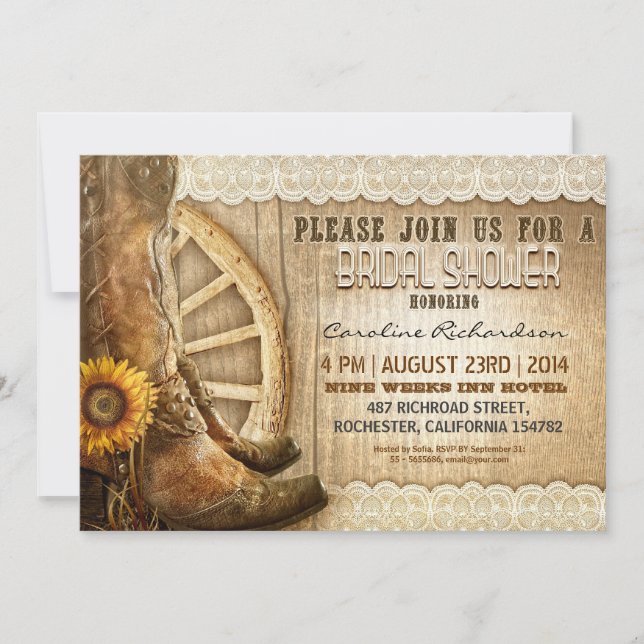 Invitation chaussures de cowboy tournesol bois nuptiale invit (Devant)