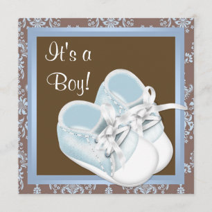 Invitation Chaussures en Damas Bleu Marron Bébé Garçon Shower