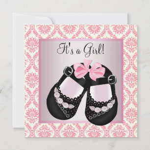 Invitation Chaussures noires roses Damas, babyfoot rose