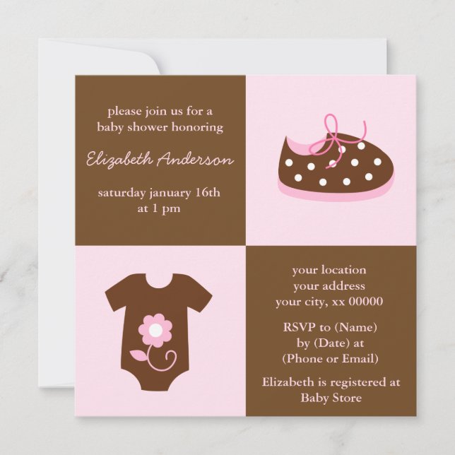 Invitation Chaussures pour bébés roses et Baby shower en tenu (Devant)