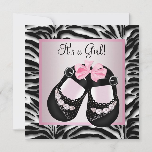 Invitation Chaussures rose noir Baby shower rose Zèbre (Devant)