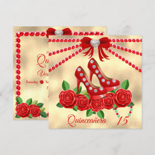 Invitation Chaussures Rouges, Bijoux Et Fleur Rose Quinceañer