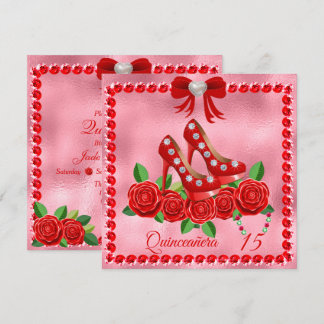 Invitation Chaussures Rouges, Bijoux Et Fleur Rose Quinceañer