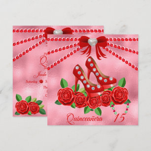 Invitation Chaussures Rouges, Bijoux Et Fleur Rose Quinceañer