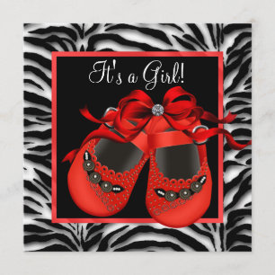 Invitation Chaussures Rouges Noires Fête Bébé Fille Zèbre Rou