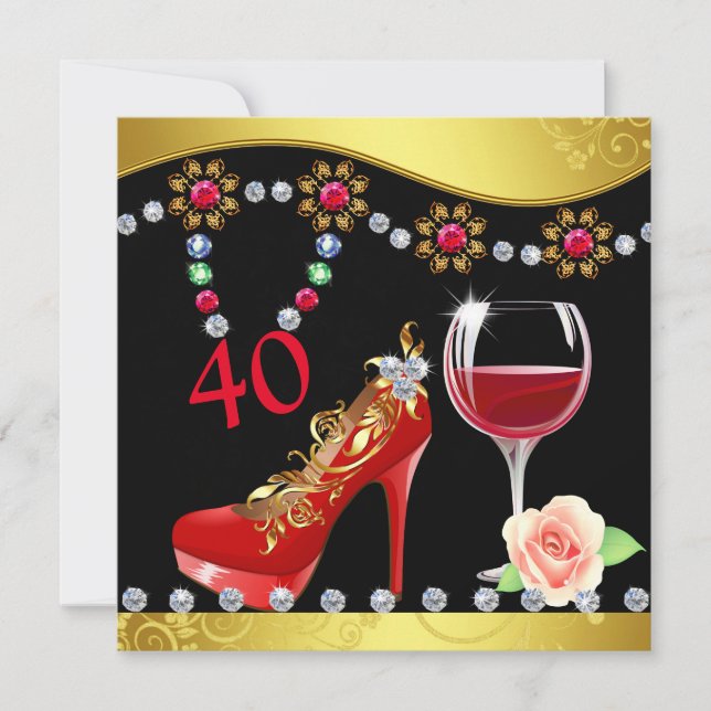 Invitation Chaussures rouges, vin et bijoux 40e anniversaire (Devant)