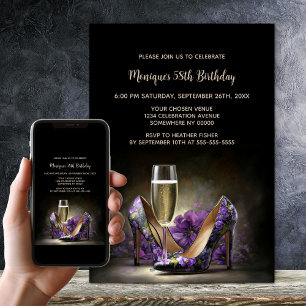 Invitation Chaussures Stiletto Fleuris Violettes Anniversaire