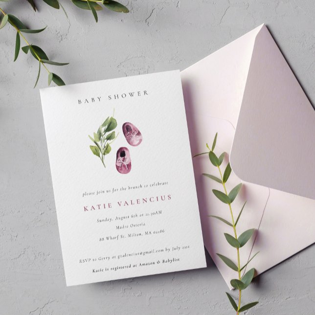 Invitation Chaussures vert rose mignonne Baby shower Foliage  (Créateur téléchargé)