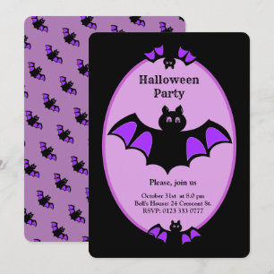 Invitation Chauve-souris d'Halloween moderne sur le noir et l