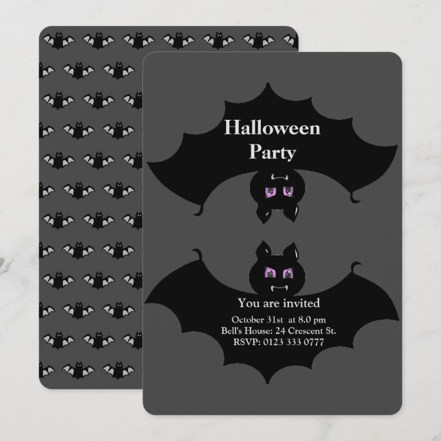 Invitation Chauves-souris Éffrayantes d'Halloween sur Grey (Devant / Derrière)