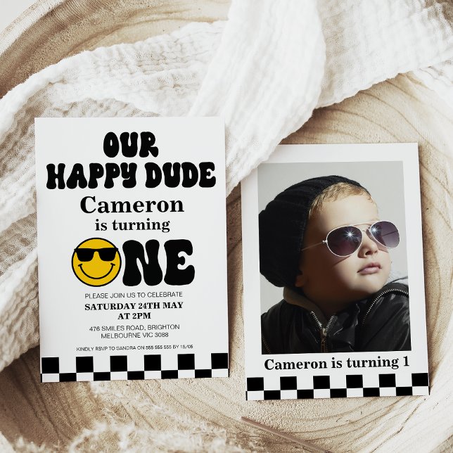 Invitation Checkerboard Photo Our Happy Dude 1er Anniversaire (Our Happy Dude 1st birthday invitation featuring black checkerboard, face, and a photo on the back.)