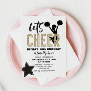 Invitation Cheerleading Or et Noir Cheer Anniversaire