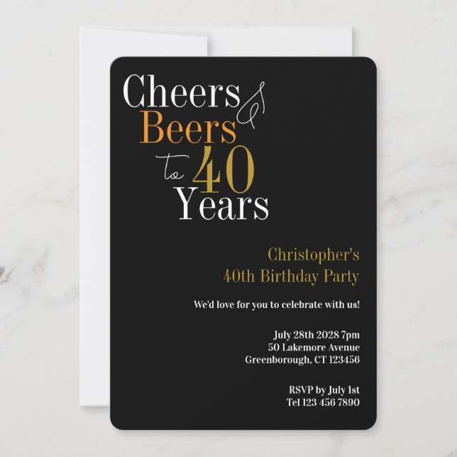 Invitation Cheers and Beers Black Gold 40th Birthday Party (Devant)