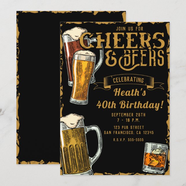 Invitation Cheers & Beers Gold Black Pub Bar Anniversaire (Devant / Derrière)