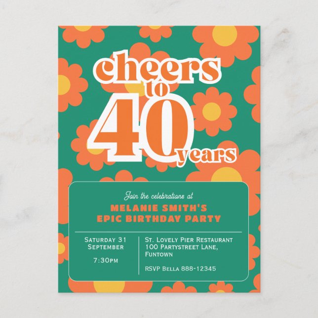 Invitation "Cheers to 40 years" rétro vert 40e (Devant)