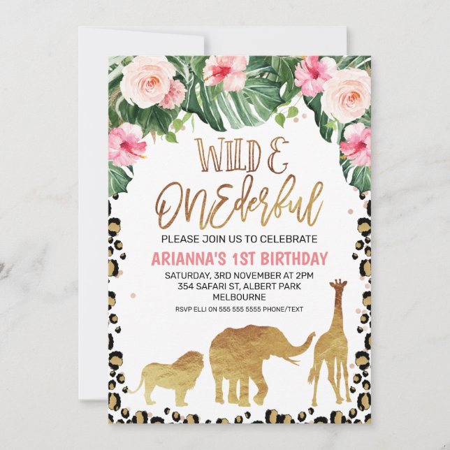 Invitation Cheetah Print Floral Gold Safari Wild Un Anniversa (Devant)