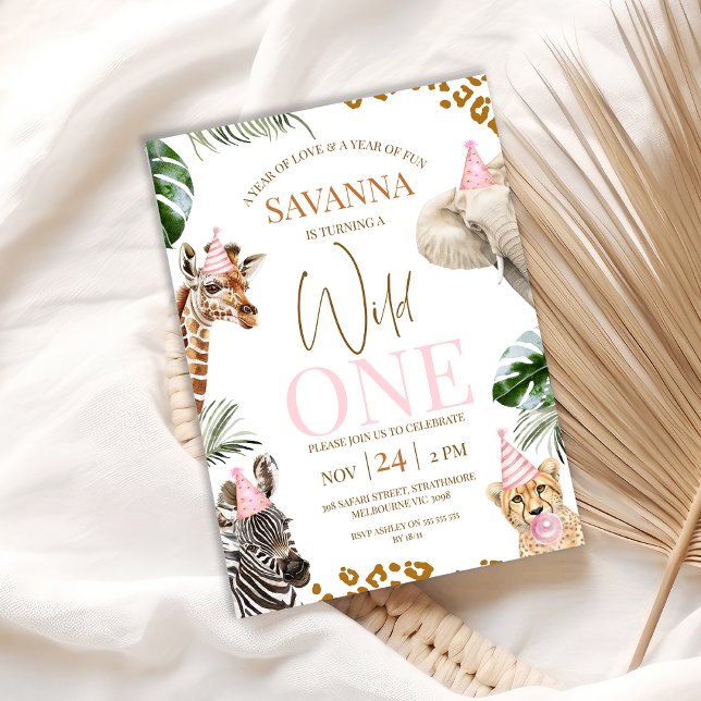 Invitation Cheetah Print Girls Safari Wild One 1er Anniversai (Girls Safari Wild One 1st Birthday Invitation Pink Party Hats Calling Party Animals Cheetah Print )
