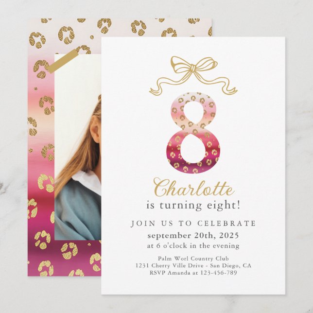 Invitation Cheetah rose et or Empreinte de léopard 8e anniver (Devant / Derrière)
