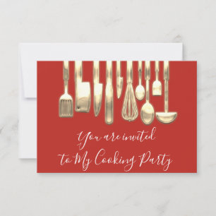 Invitation Chef de fête de cuisine dorée rouge or