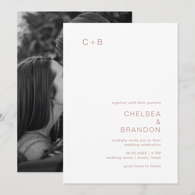 Invitation Chelsea Dusty rose Mariage moderne (Devant / Derrière)